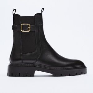 NWT Zara Leather Ankle Boots with Buckle Black Sz 8 9